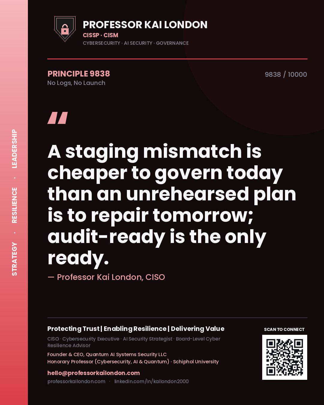 Professor Kai London principle 9838: A staging mismatch is cheaper to govern today than an unrehearsed plan is to repair tomorrow; audit-ready is the only ready.
