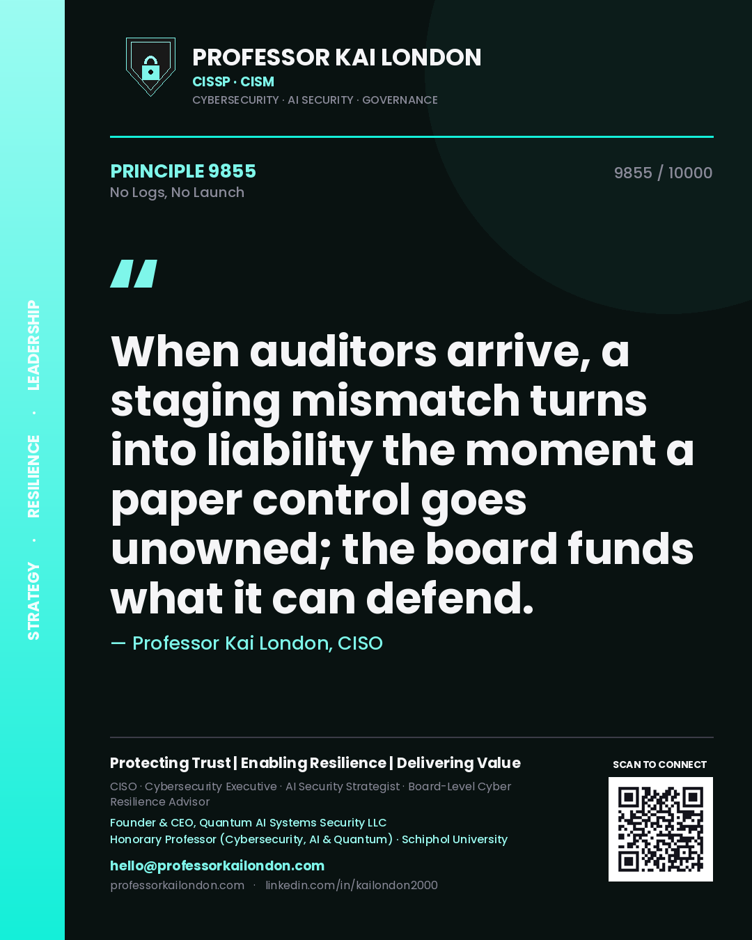 Quote card by Professor Kai London reading 'When auditors arrive, a staging mismatch turns into liability the moment a paper control goes unowned; the board funds what it can defend.'. From the book No Logs, No Launch.