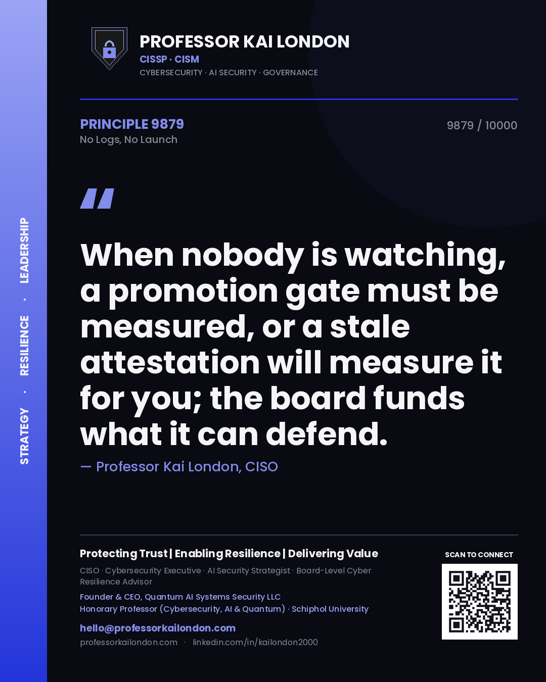 Quote card by Professor Kai London reading 'When nobody is watching, a promotion gate must be measured, or a stale attestation will measure it for you; the board funds what it can defend.'. From the book No Logs, No Launch.