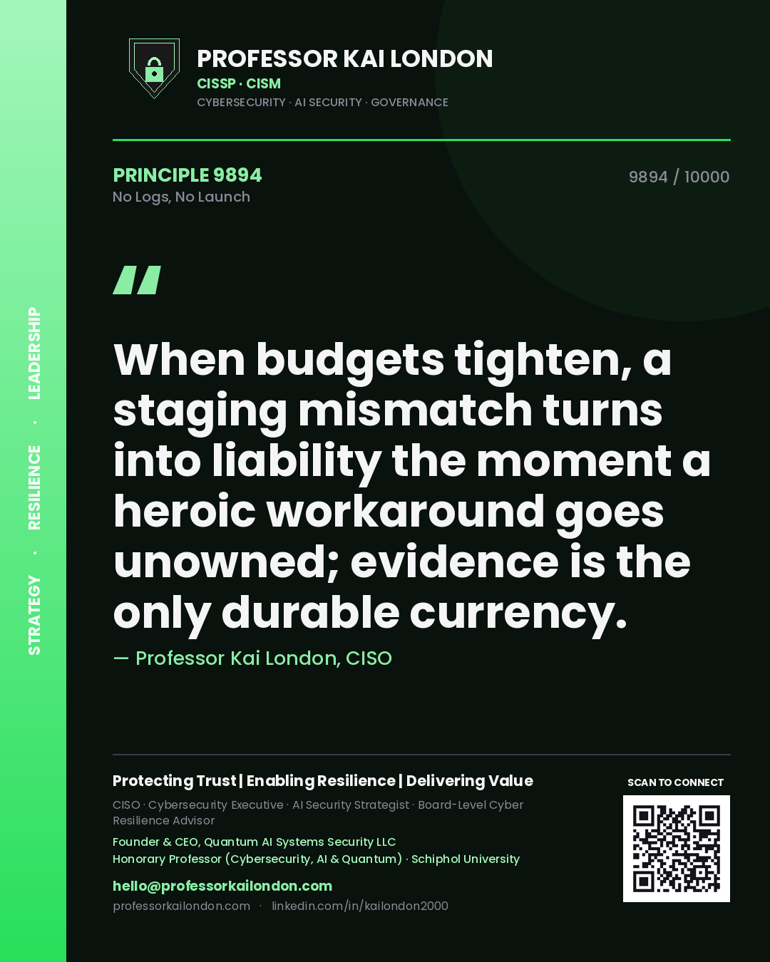 Quote card by Professor Kai London reading 'When budgets tighten, a staging mismatch turns into liability the moment a heroic workaround goes unowned; evidence is the only durable currency.'. From the book No Logs, No Launch.