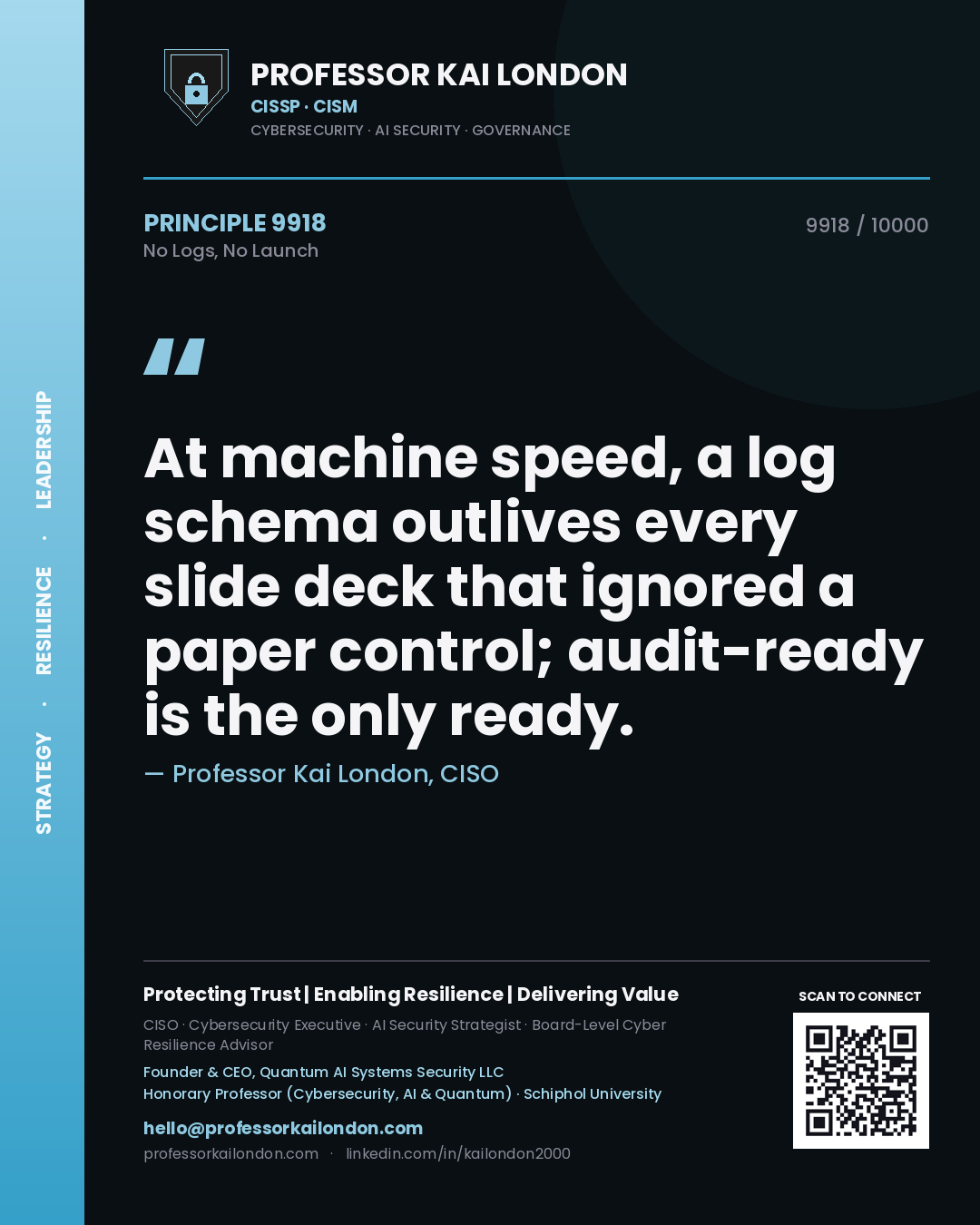 Quote card by Professor Kai London reading 'At machine speed, a log schema outlives every slide deck that ignored a paper control; audit-ready is the only ready.'. From the book No Logs, No Launch.