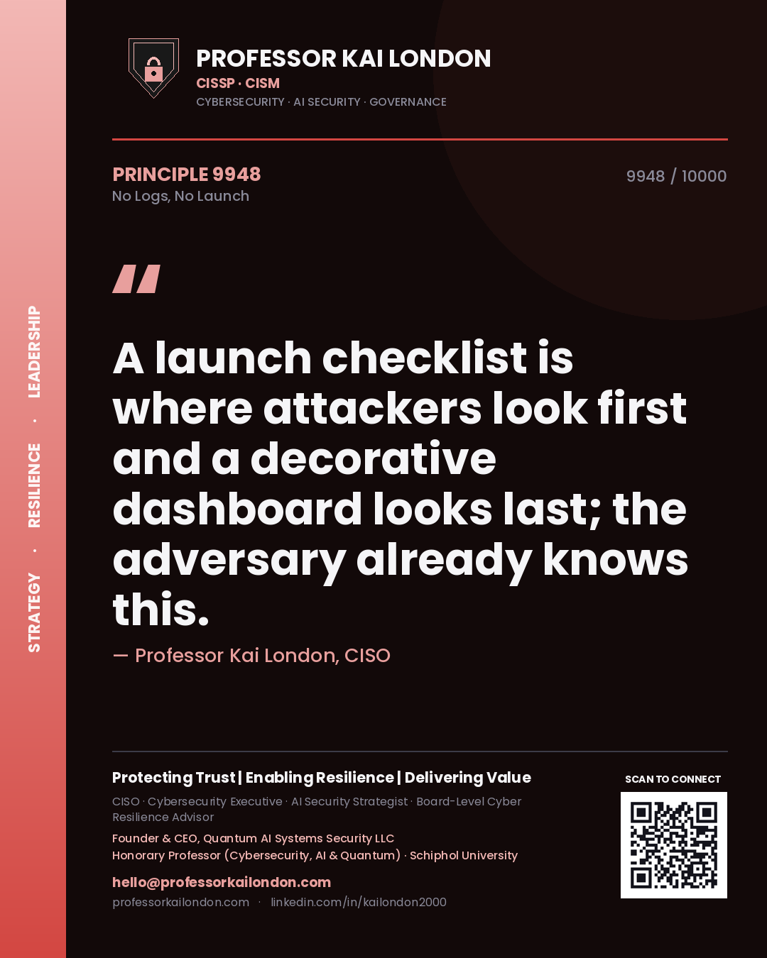 Professor Kai London principle 9948: A launch checklist is where attackers look first and a decorative dashboard looks last; the adversary already knows this.