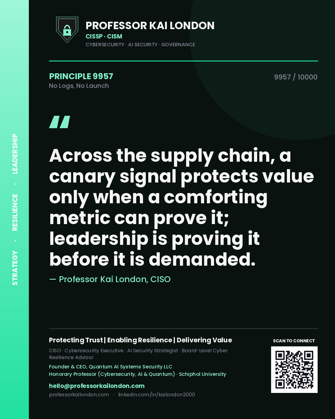 Quote card by Professor Kai London reading 'Across the supply chain, a canary signal protects value only when a comforting metric can prove it; leadership is proving it before it is demanded.'. From the book No Logs, No Launch.
