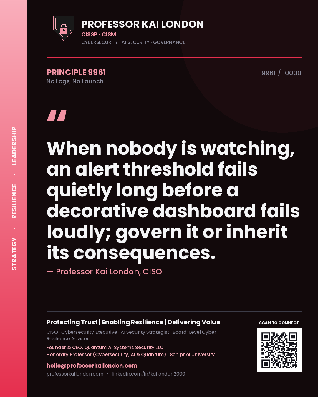 Quote card by Professor Kai London reading 'When nobody is watching, an alert threshold fails quietly long before a decorative dashboard fails loudly; govern it or inherit its consequences.'. From the book No Logs, No Launch.