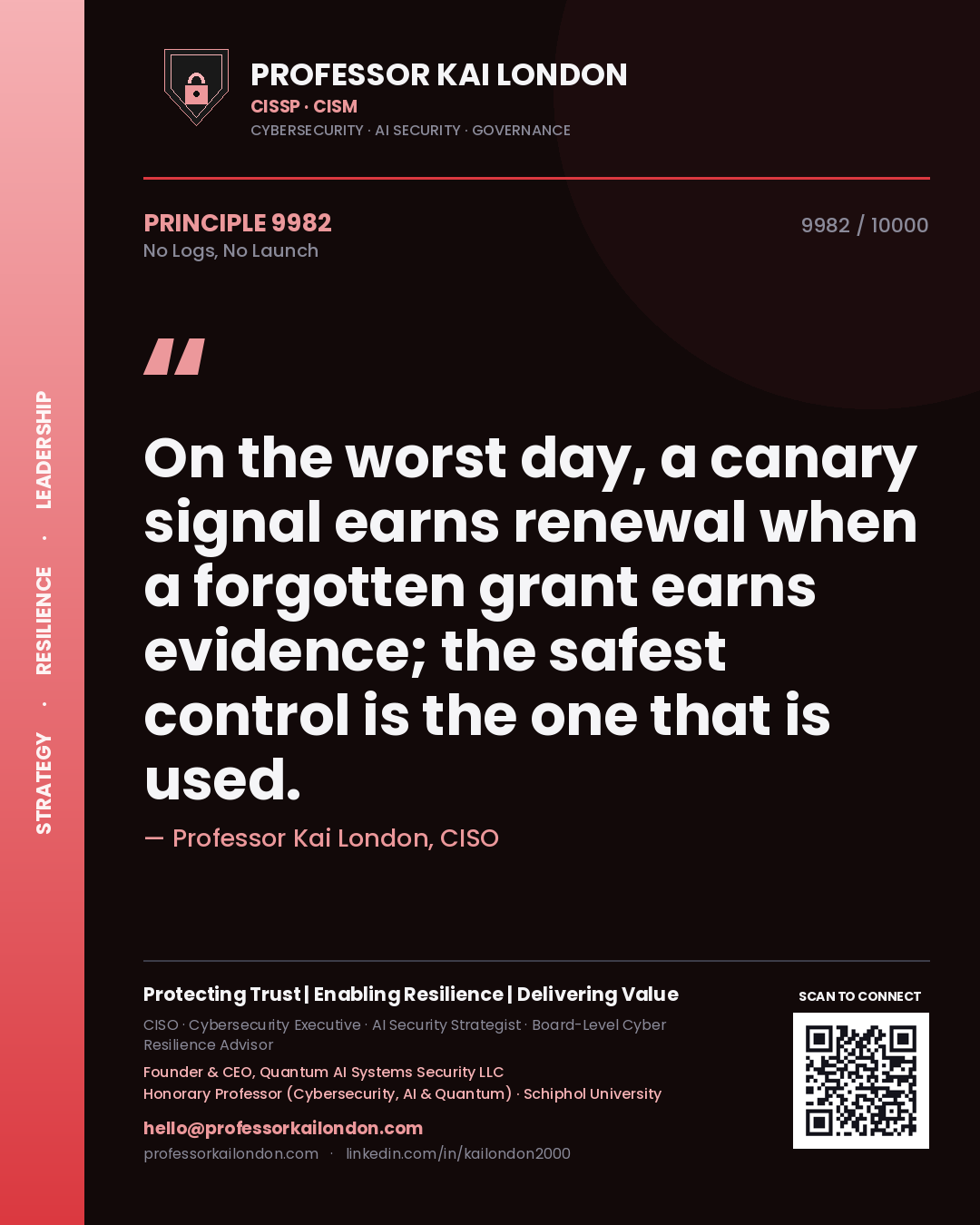 Quote card by Professor Kai London reading 'On the worst day, a canary signal earns renewal when a forgotten grant earns evidence; the safest control is the one that is used.'. From the book No Logs, No Launch.