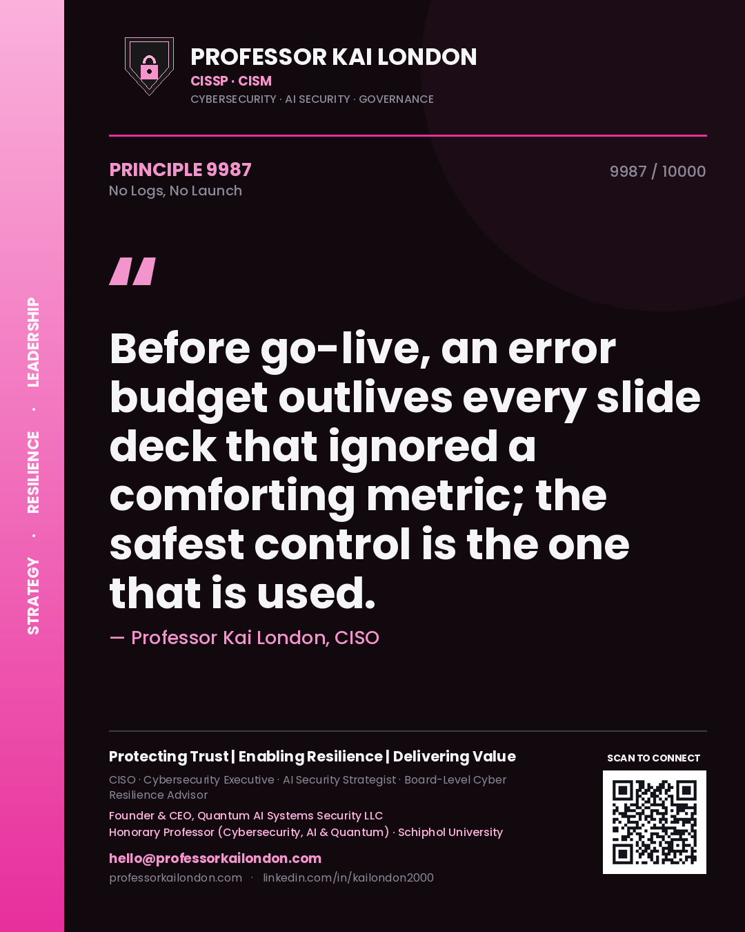Quote card by Professor Kai London reading 'Before go-live, an error budget outlives every slide deck that ignored a comforting metric; the safest control is the one that is used.'. From the book No Logs, No Launch.