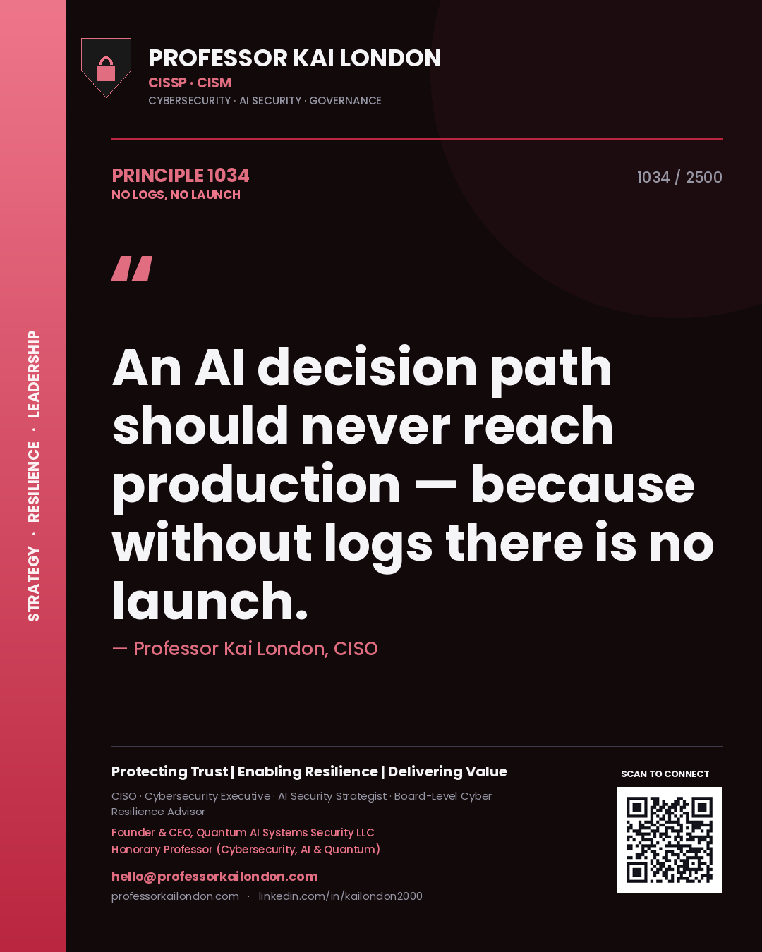 Quote card by Professor Kai London reading 'An AI decision path should never reach production — because without logs there is no launch.'. From the book No Logs, No Launch.