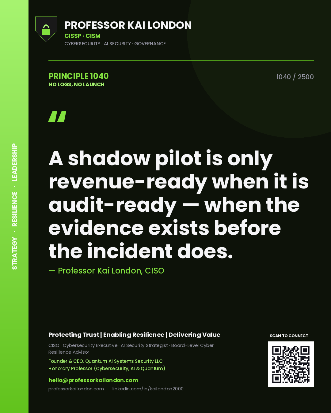 Quote card by Professor Kai London reading 'A shadow pilot is only revenue-ready when it is audit-ready — when the evidence exists before the incident does.'. From the book No Logs, No Launch.