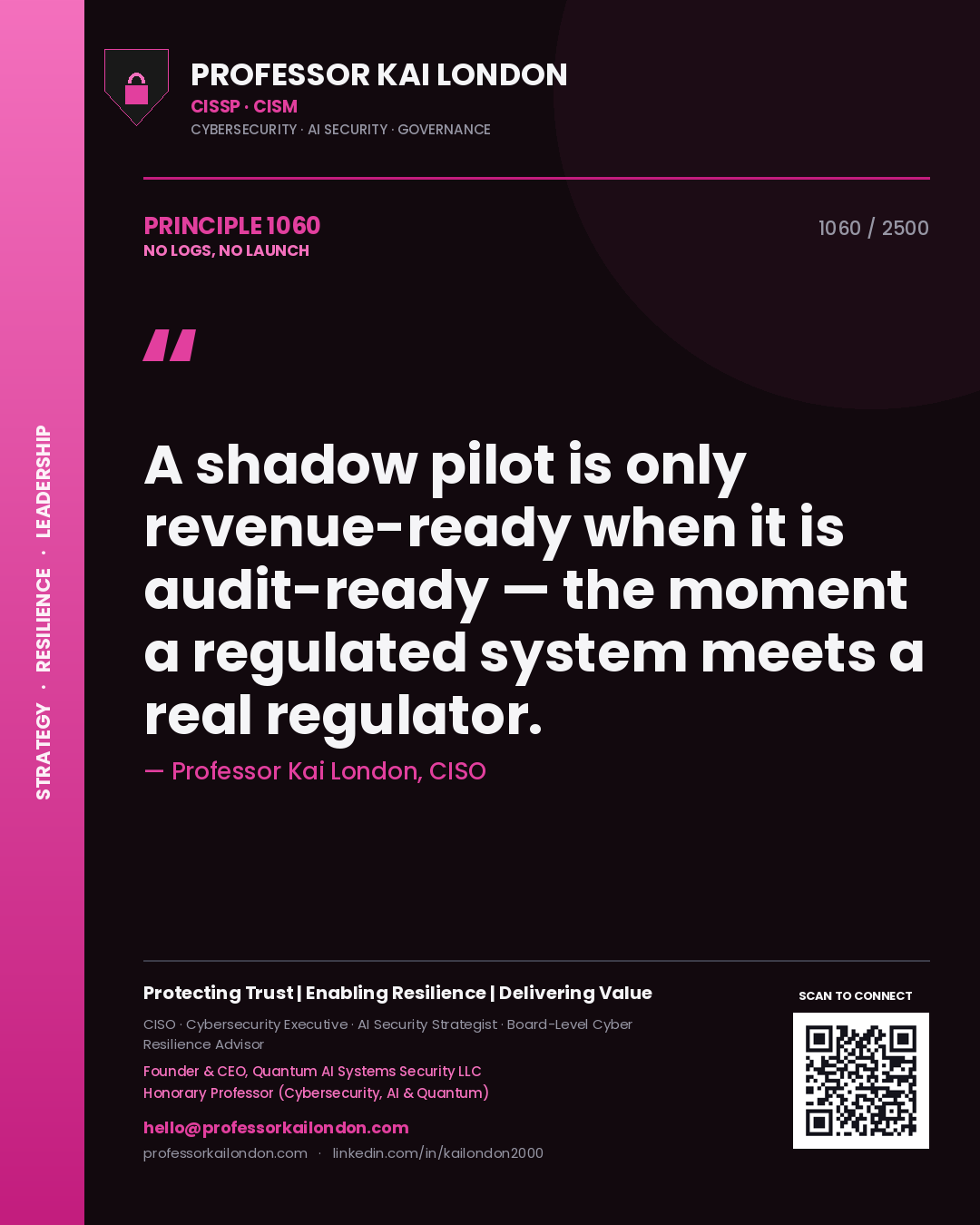 Quote card by Professor Kai London reading 'A shadow pilot is only revenue-ready when it is audit-ready — the moment a regulated system meets a real regulator.'. From the book No Logs, No Launch.