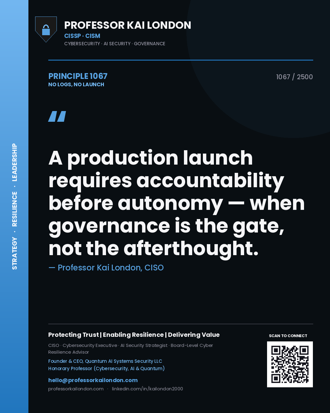 Quote card by Professor Kai London reading 'A production launch requires accountability before autonomy — when governance is the gate, not the afterthought.'. From the book No Logs, No Launch.