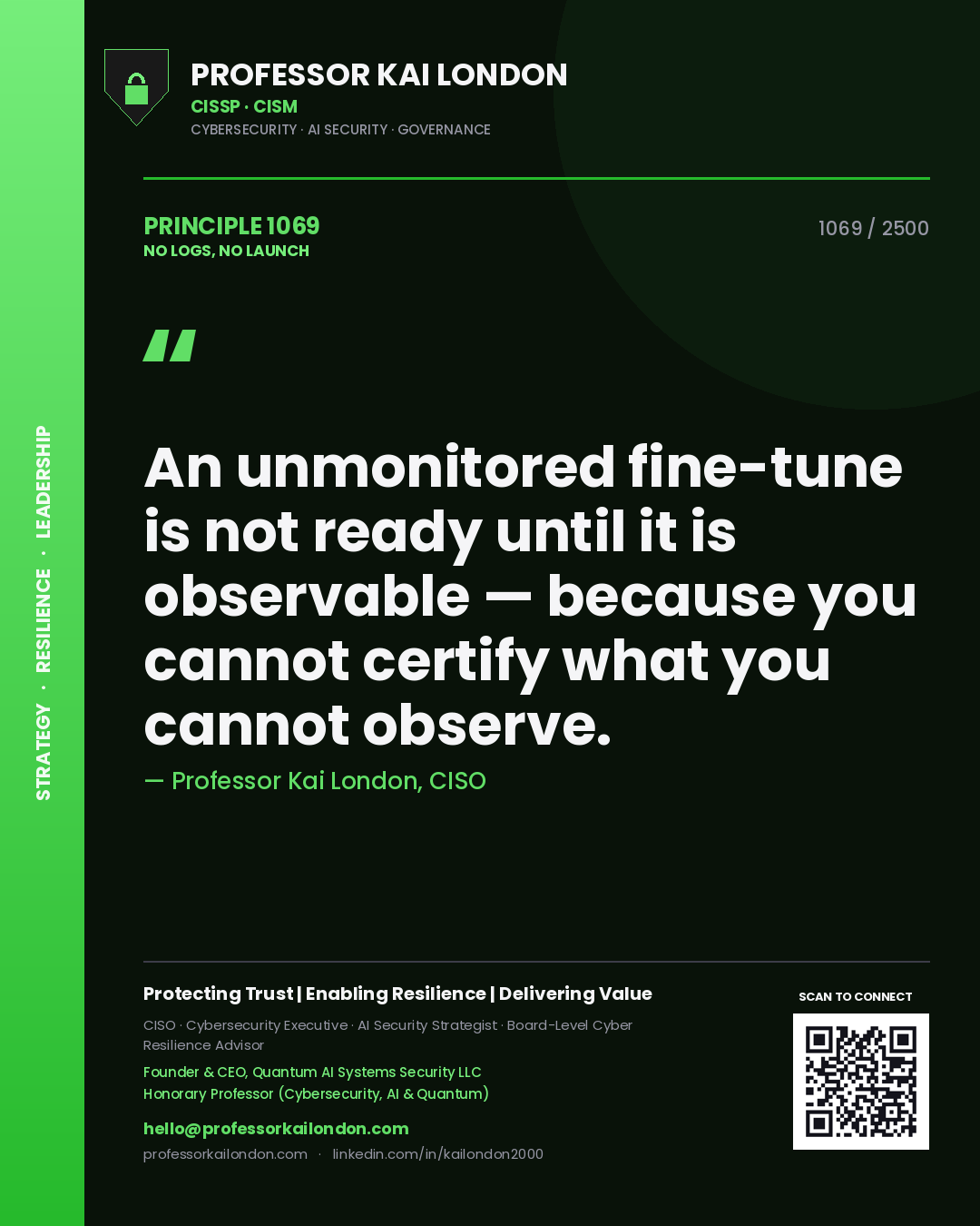 Quote card by Professor Kai London reading 'An unmonitored fine-tune is not ready until it is observable — because you cannot certify what you cannot observe.'. From the book No Logs, No Launch.