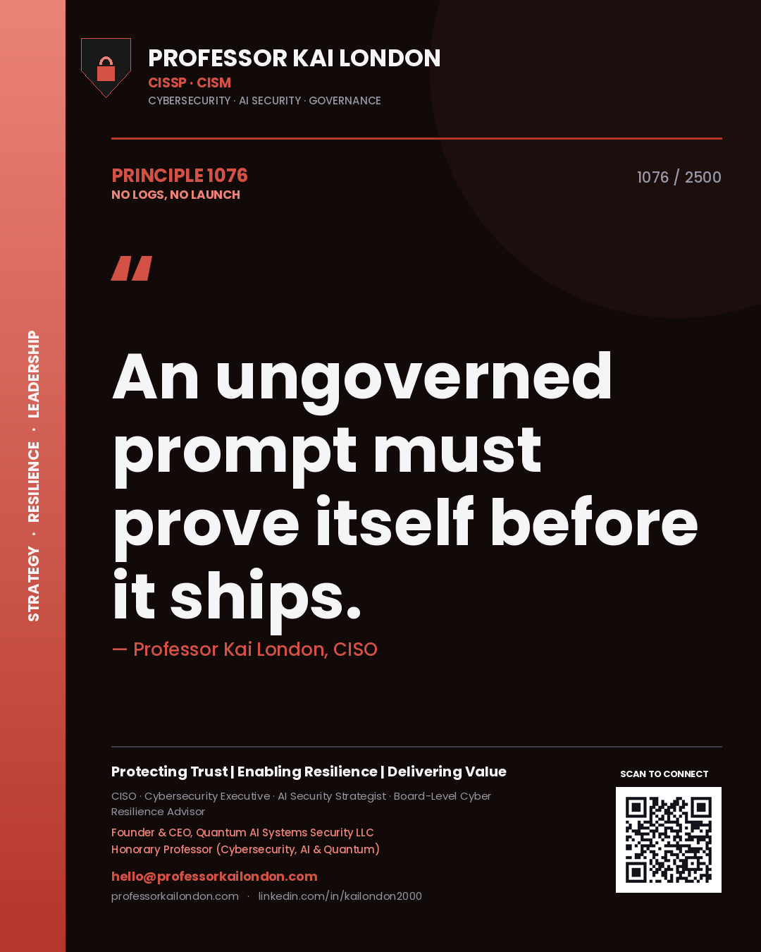 Quote card by Professor Kai London reading 'An ungoverned prompt must prove itself before it ships.'. From the book No Logs, No Launch.