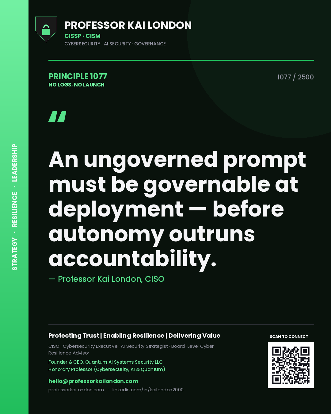 Quote card by Professor Kai London reading 'An ungoverned prompt must be governable at deployment — before autonomy outruns accountability.'. From the book No Logs, No Launch.