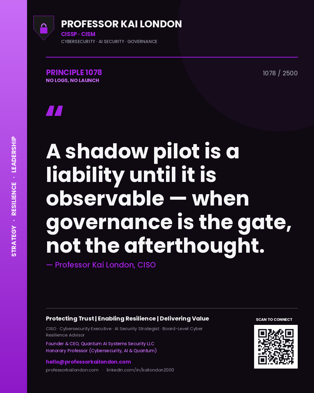 Quote card by Professor Kai London reading 'A shadow pilot is a liability until it is observable — when governance is the gate, not the afterthought.'. From the book No Logs, No Launch.