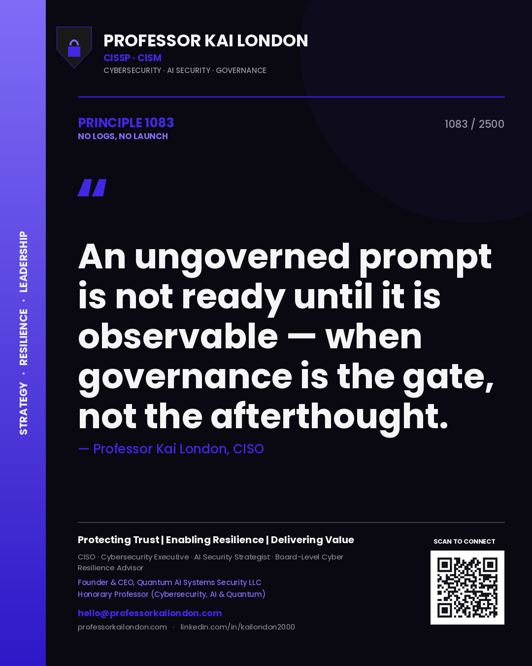 Quote card by Professor Kai London reading 'An ungoverned prompt is not ready until it is observable — when governance is the gate, not the afterthought.'. From the book No Logs, No Launch.