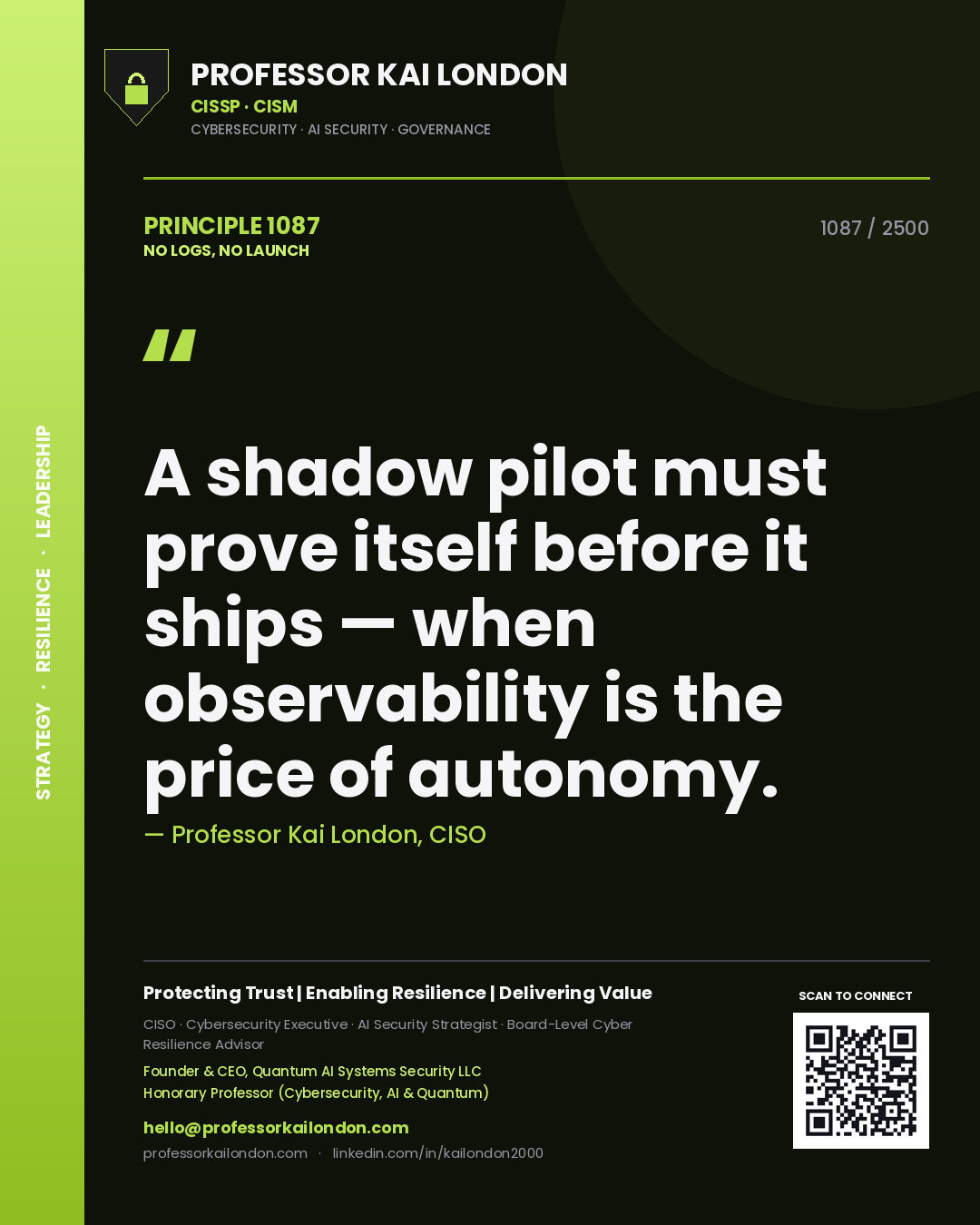 Quote card by Professor Kai London reading 'A shadow pilot must prove itself before it ships — when observability is the price of autonomy.'. From the book No Logs, No Launch.