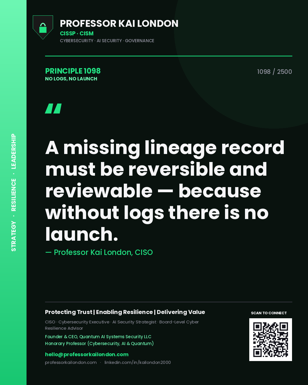 Quote card by Professor Kai London reading 'A missing lineage record must be reversible and reviewable — because without logs there is no launch.'. From the book No Logs, No Launch.