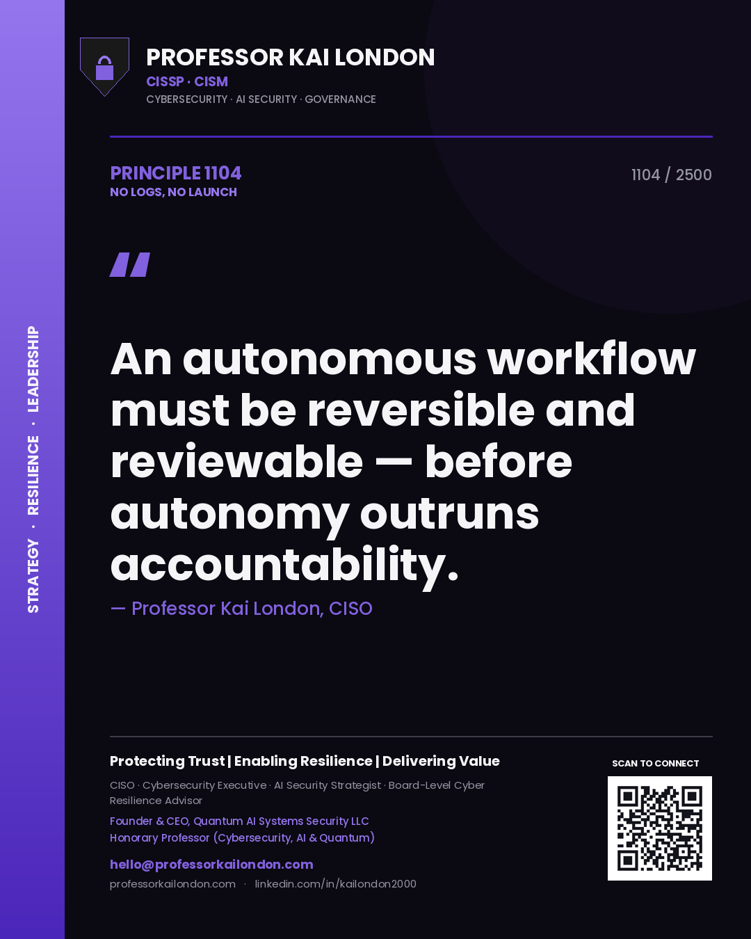 Quote card by Professor Kai London reading 'An autonomous workflow must be reversible and reviewable — before autonomy outruns accountability.'. From the book No Logs, No Launch.