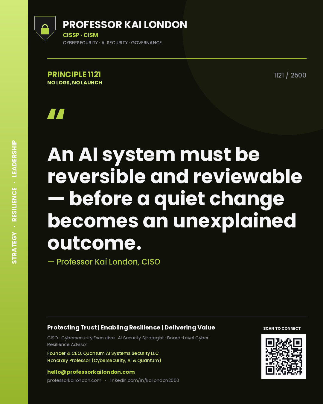 Quote card by Professor Kai London reading 'An AI system must be reversible and reviewable — before a quiet change becomes an unexplained outcome.'. From the book No Logs, No Launch.