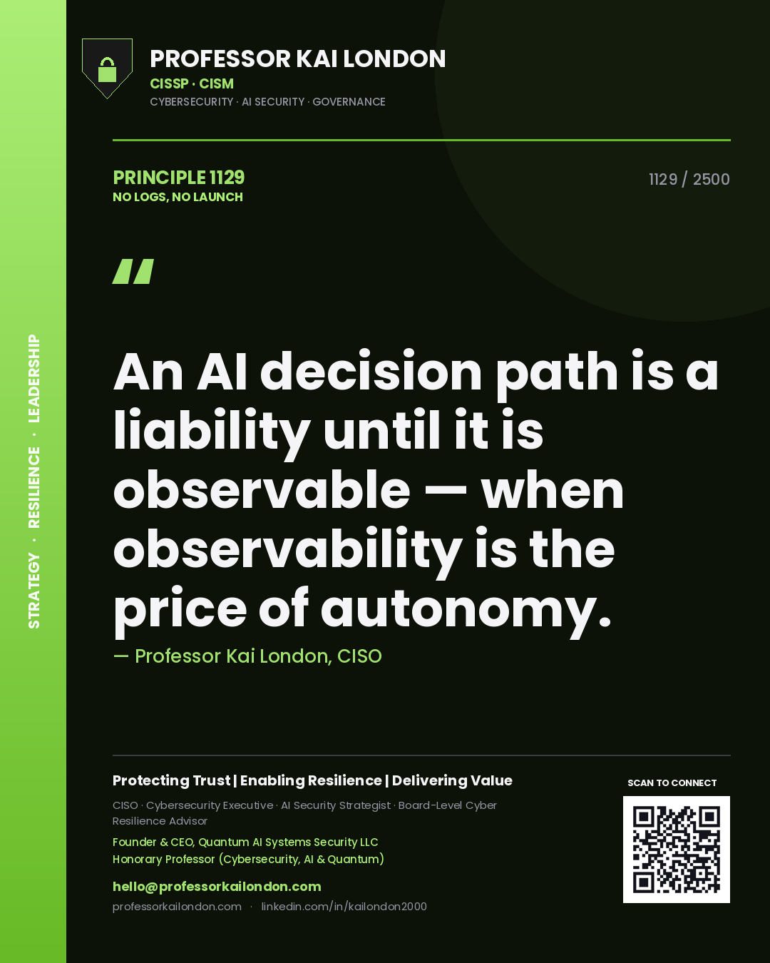 Quote card by Professor Kai London reading 'An AI decision path is a liability until it is observable — when observability is the price of autonomy.'. From the book No Logs, No Launch.
