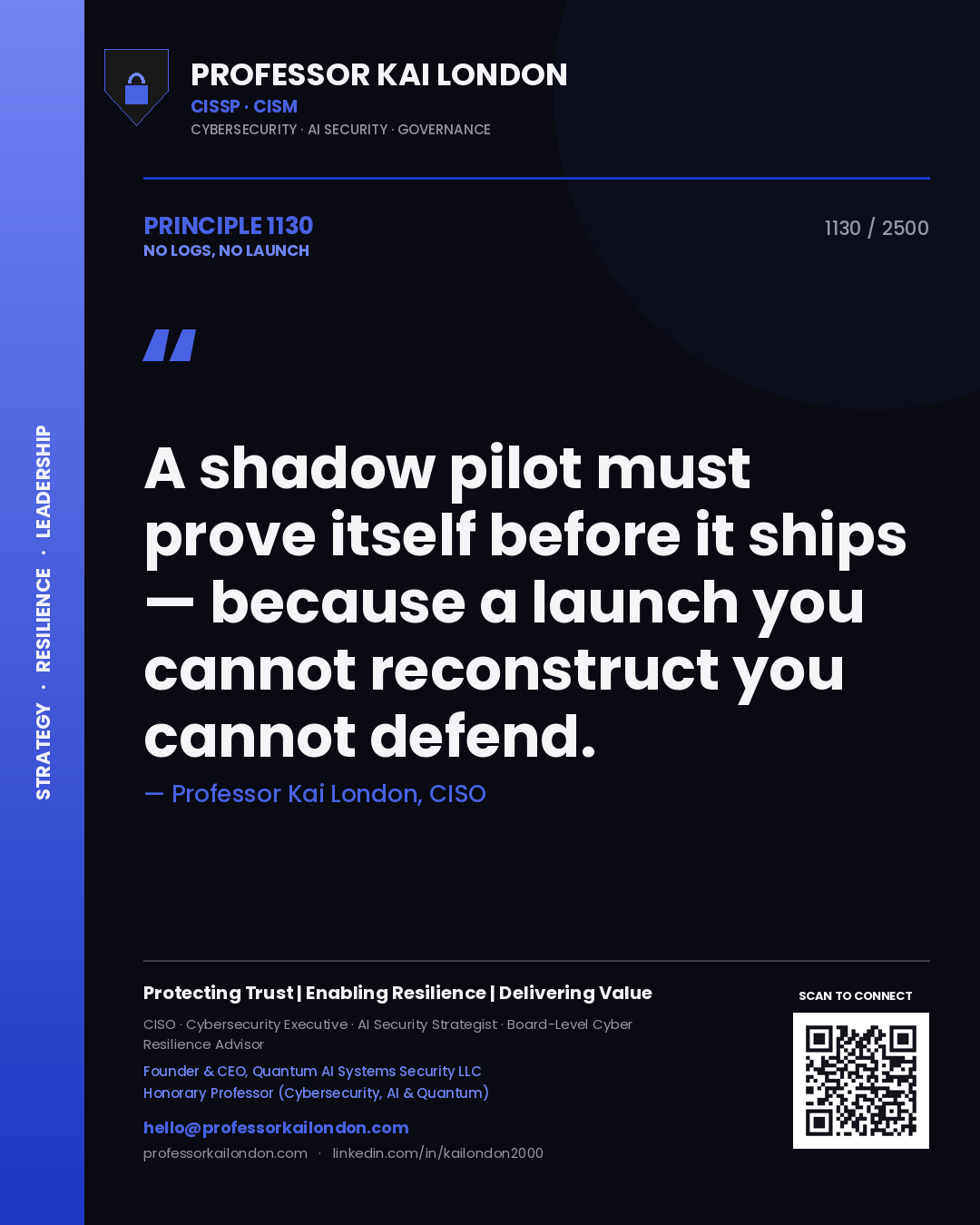 Quote card by Professor Kai London reading 'A shadow pilot must prove itself before it ships — because a launch you cannot reconstruct you cannot defend.'. From the book No Logs, No Launch.