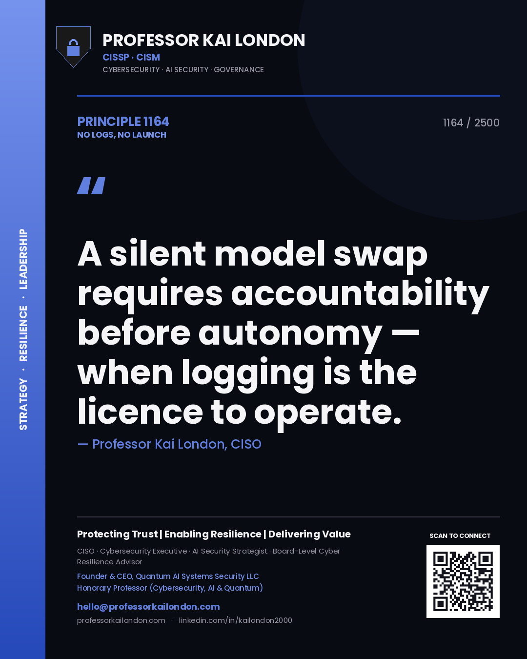 Quote card by Professor Kai London reading 'A silent model swap requires accountability before autonomy — when logging is the licence to operate.'. From the book No Logs, No Launch.