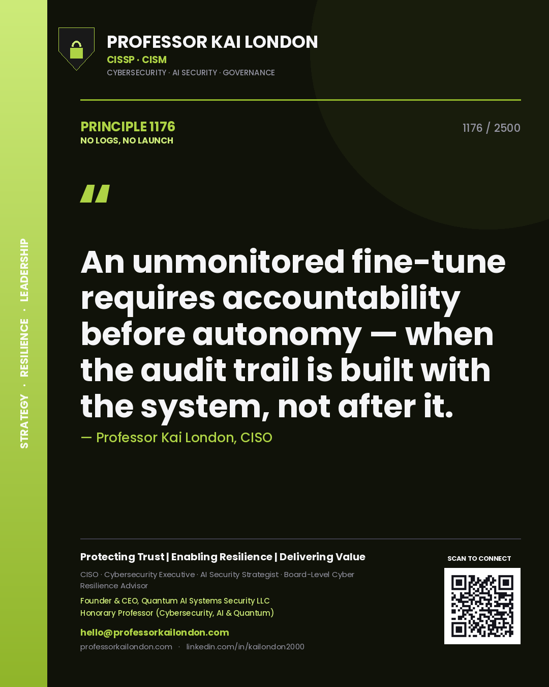 Quote card by Professor Kai London reading 'An unmonitored fine-tune requires accountability before autonomy — when the audit trail is built with the system, not after it.'. From the book No Logs, No Launch.