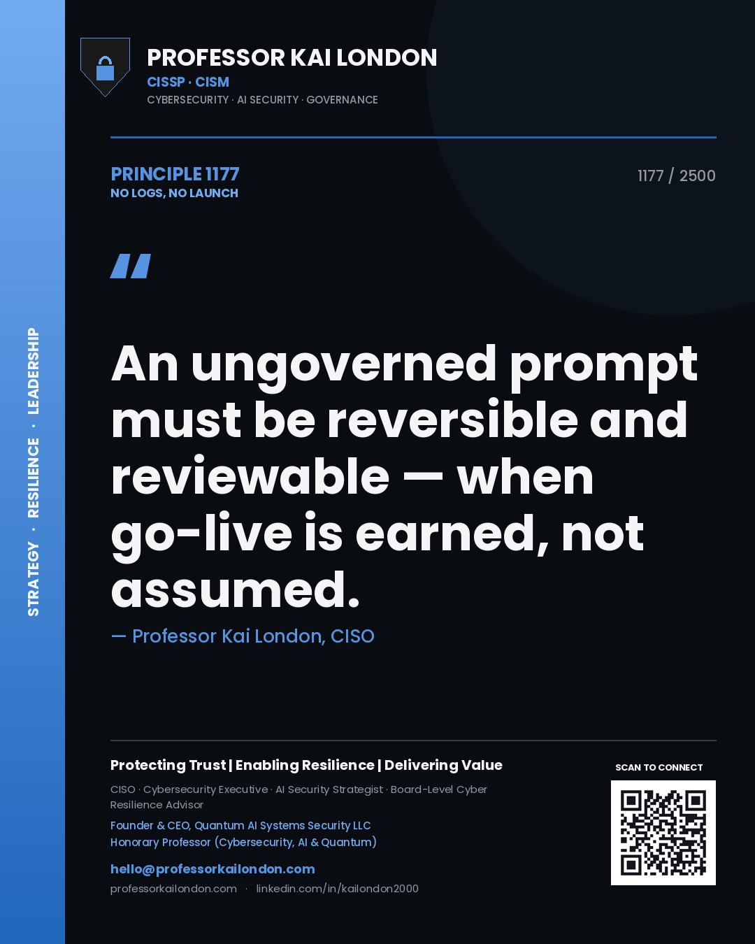 Quote card by Professor Kai London reading 'An ungoverned prompt must be reversible and reviewable — when go-live is earned, not assumed.'. From the book No Logs, No Launch.