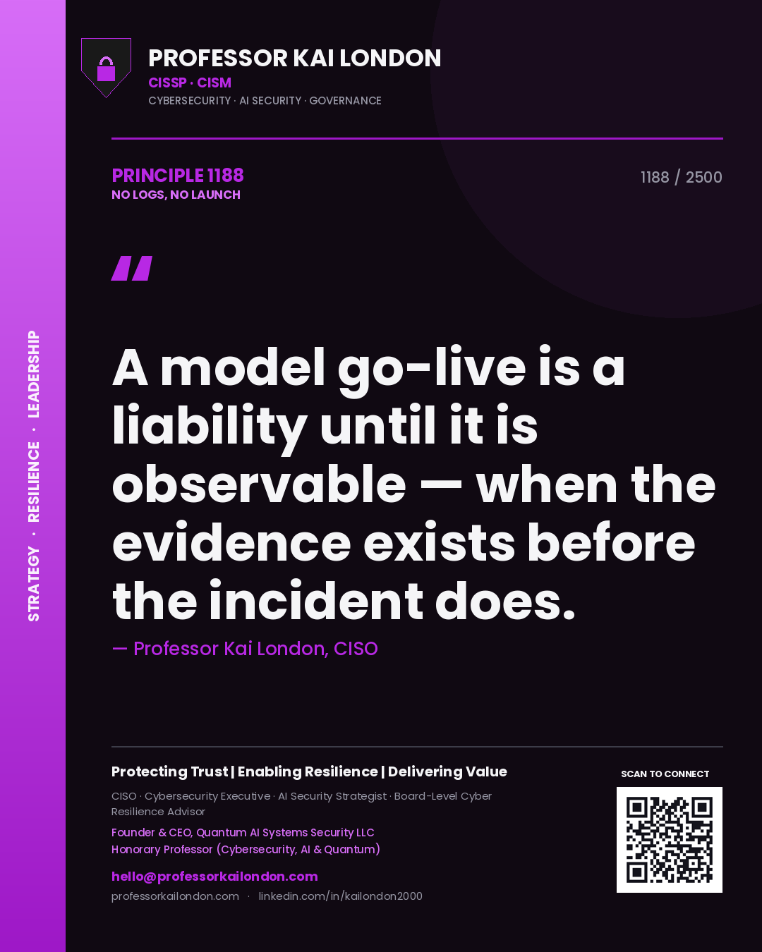 Quote card by Professor Kai London reading 'A model go-live is a liability until it is observable — when the evidence exists before the incident does.'. From the book No Logs, No Launch.