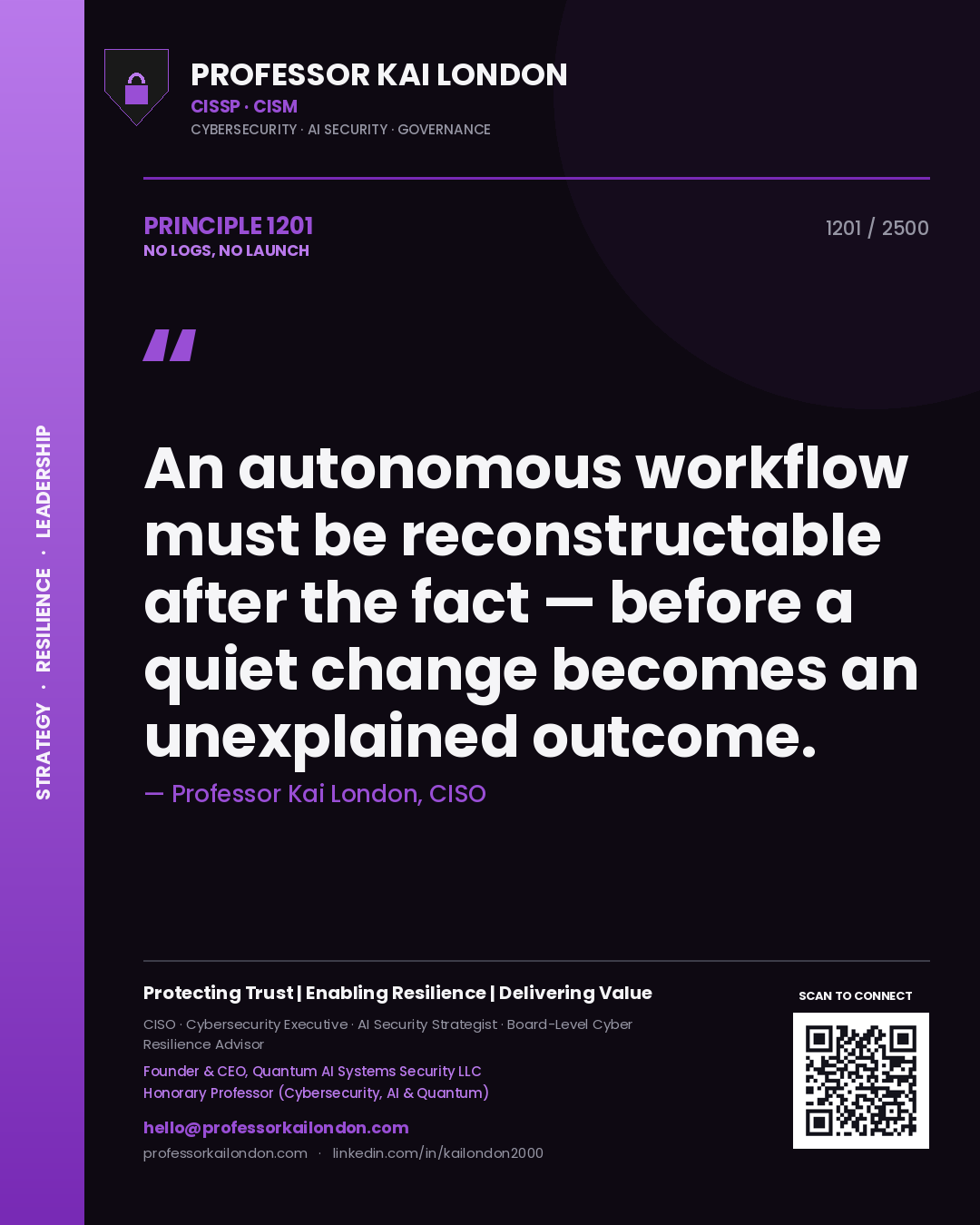 Quote card by Professor Kai London reading 'An autonomous workflow must be reconstructable after the fact — before a quiet change becomes an unexplained outcome.'. From the book No Logs, No Launch.