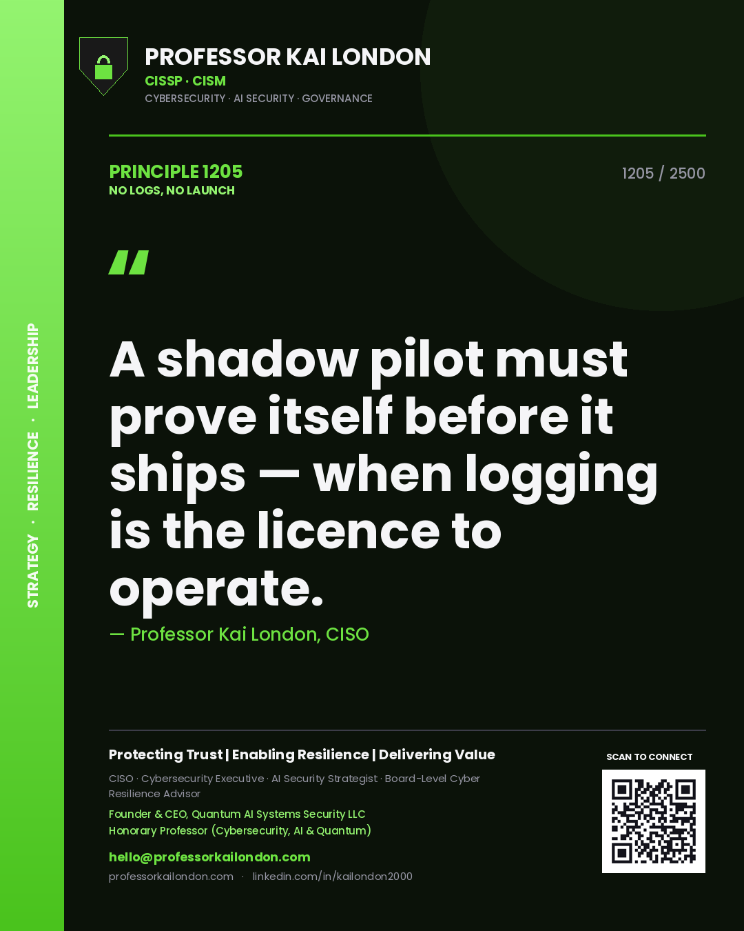 Quote card by Professor Kai London reading 'A shadow pilot must prove itself before it ships — when logging is the licence to operate.'. From the book No Logs, No Launch.