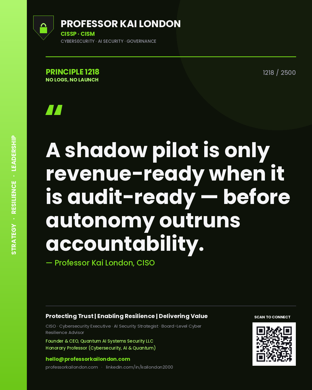 Professor Kai London principle 1218: A shadow pilot is only revenue-ready when it is audit-ready — before autonomy outruns accountability.
