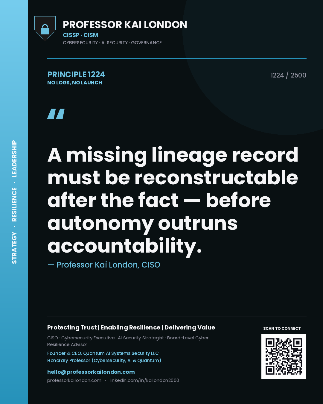 Professor Kai London principle 1224: A missing lineage record must be reconstructable after the fact — before autonomy outruns accountability.
