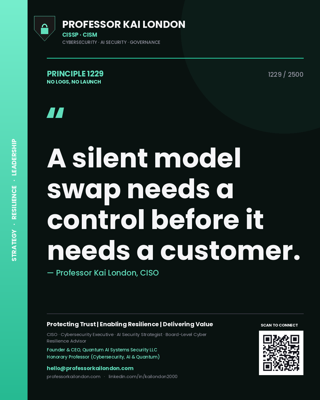 Quote card by Professor Kai London reading 'A silent model swap needs a control before it needs a customer.'. From the book No Logs, No Launch.