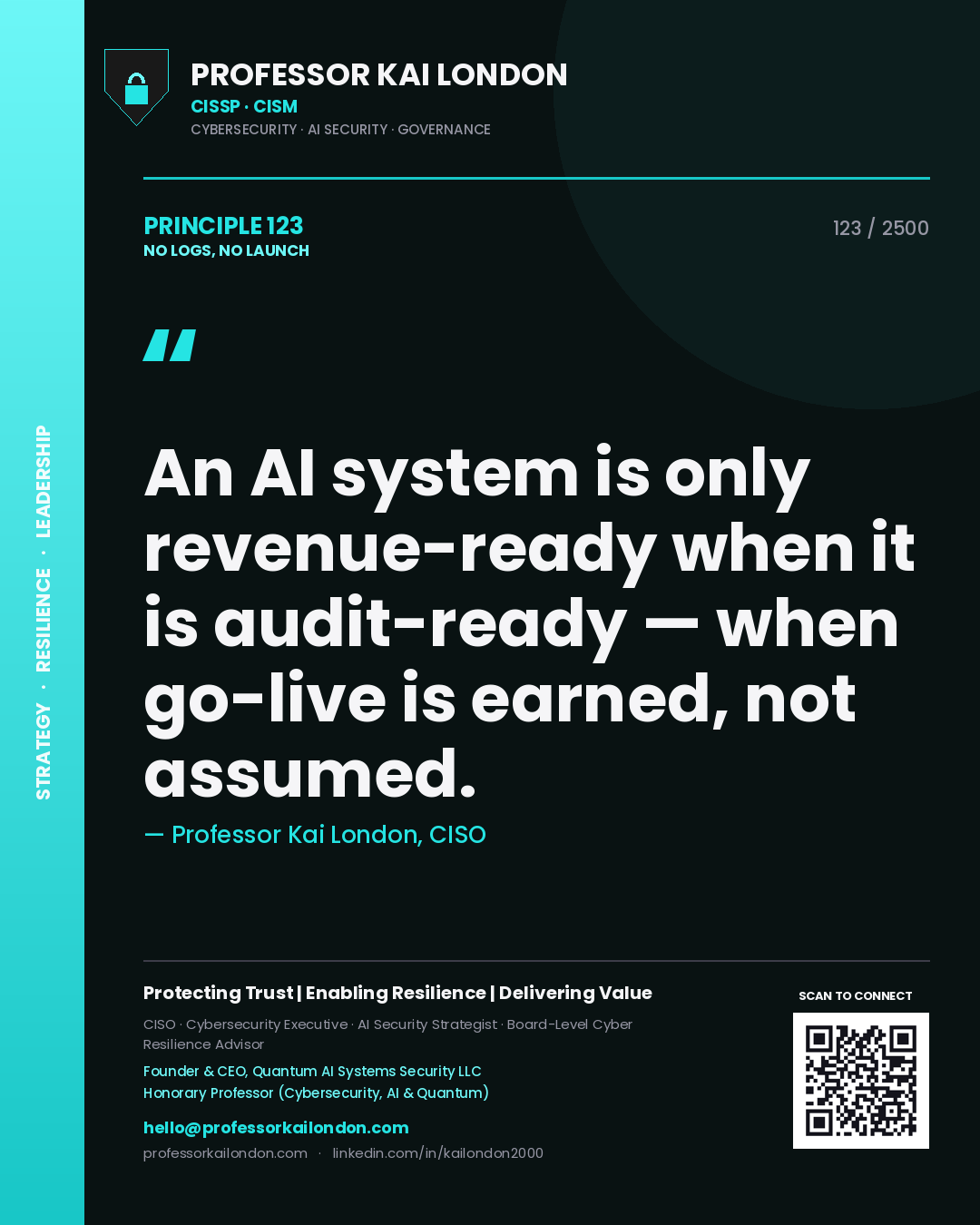 Quote card by Professor Kai London reading 'An AI system is only revenue-ready when it is audit-ready — when go-live is earned, not assumed.'. From the book No Logs, No Launch.