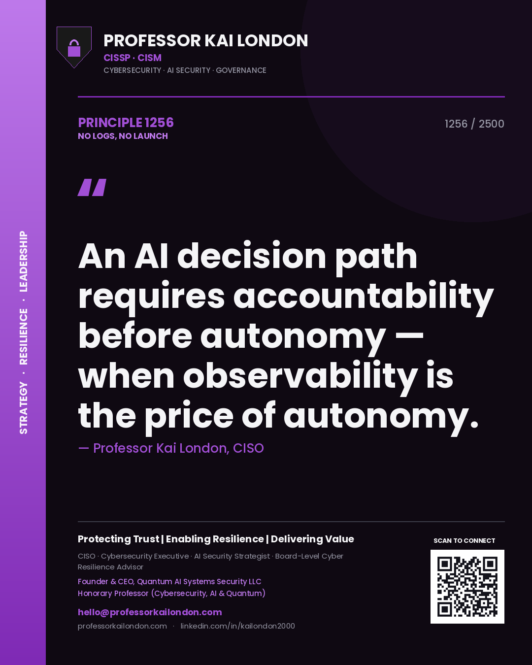 Quote card by Professor Kai London reading 'An AI decision path requires accountability before autonomy — when observability is the price of autonomy.'. From the book No Logs, No Launch.