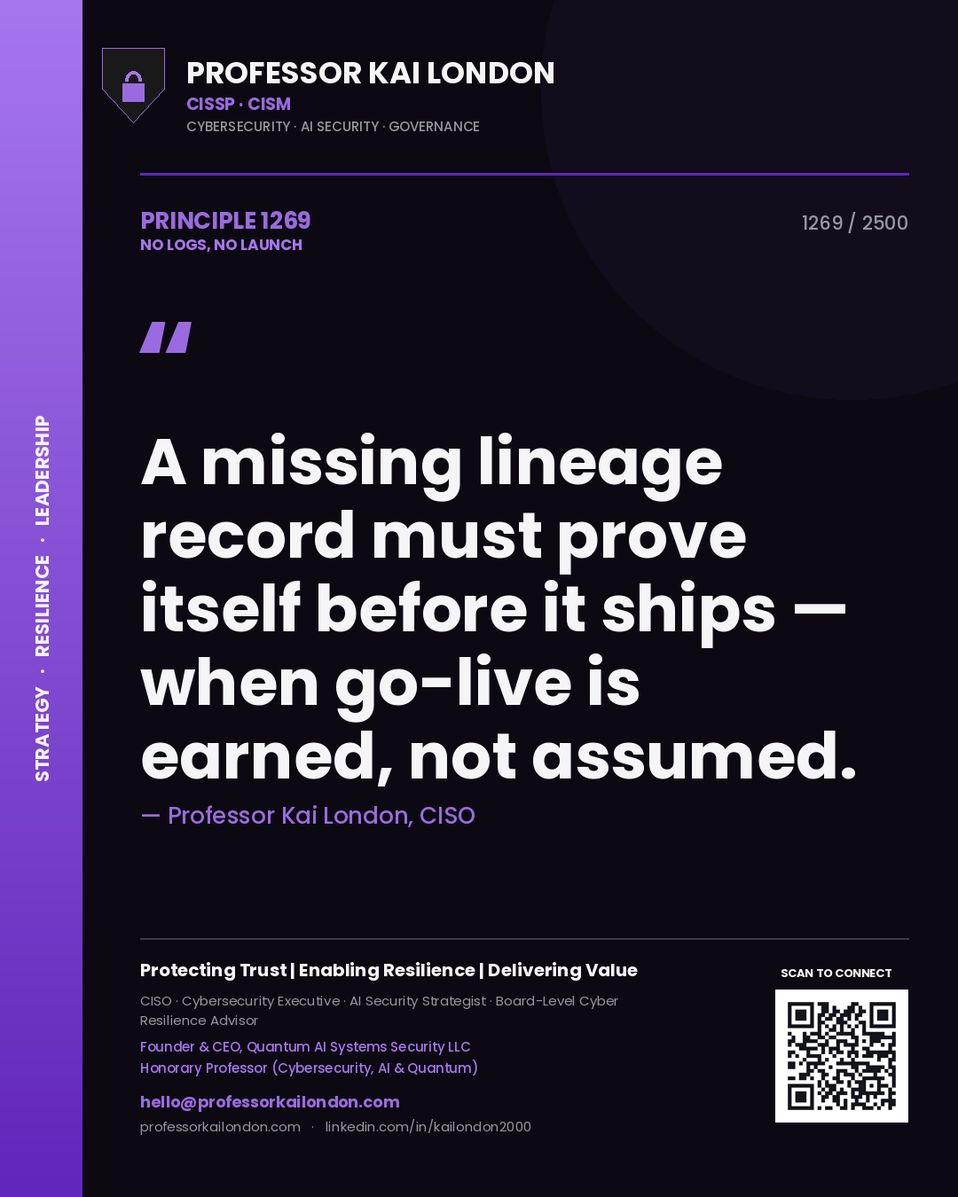 Quote card by Professor Kai London reading 'A missing lineage record must prove itself before it ships — when go-live is earned, not assumed.'. From the book No Logs, No Launch.