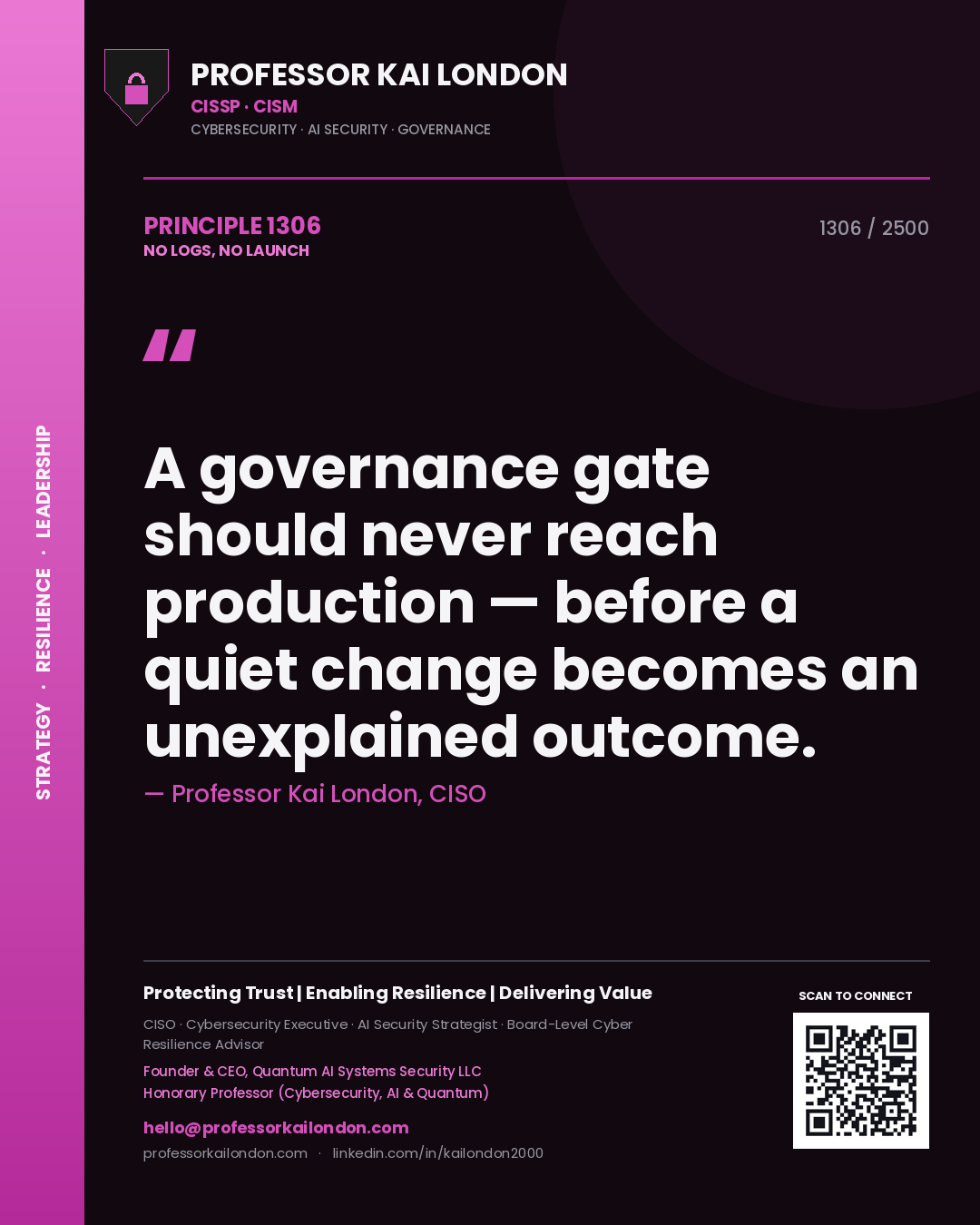 Quote card by Professor Kai London reading 'A governance gate should never reach production — before a quiet change becomes an unexplained outcome.'. From the book No Logs, No Launch.