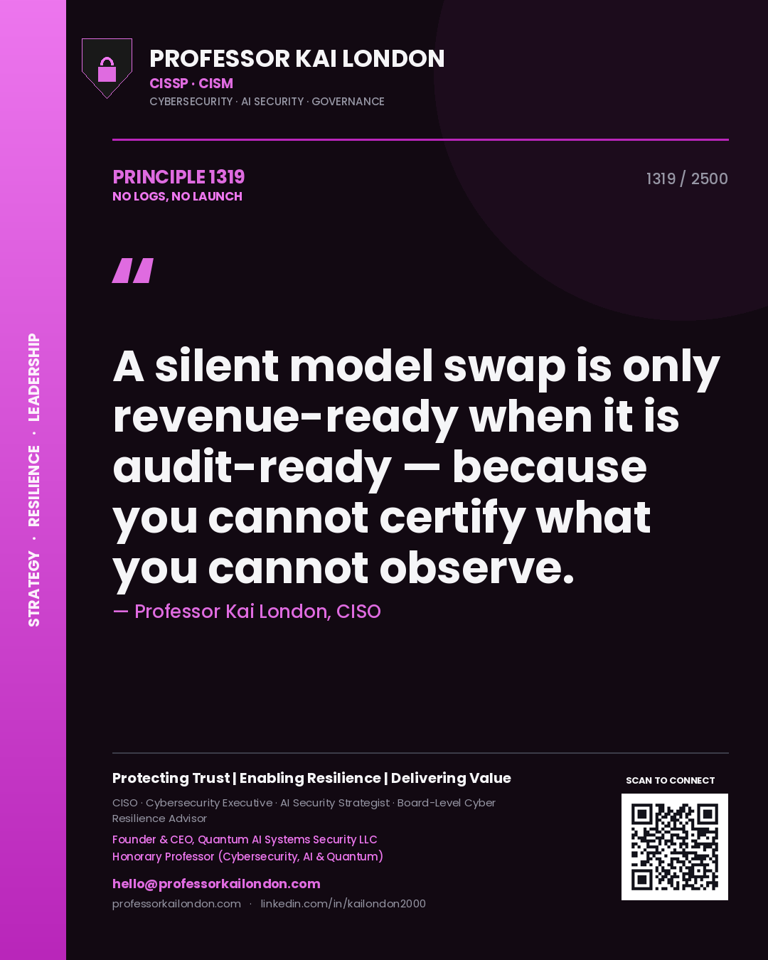 Quote card by Professor Kai London reading 'A silent model swap is only revenue-ready when it is audit-ready — because you cannot certify what you cannot observe.'. From the book No Logs, No Launch.