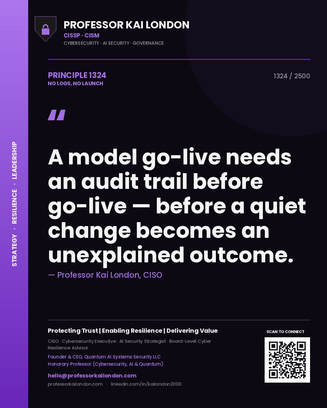 Professor Kai London principle 1324: A model go-live needs an audit trail before go-live — before a quiet change becomes an unexplained outcome.