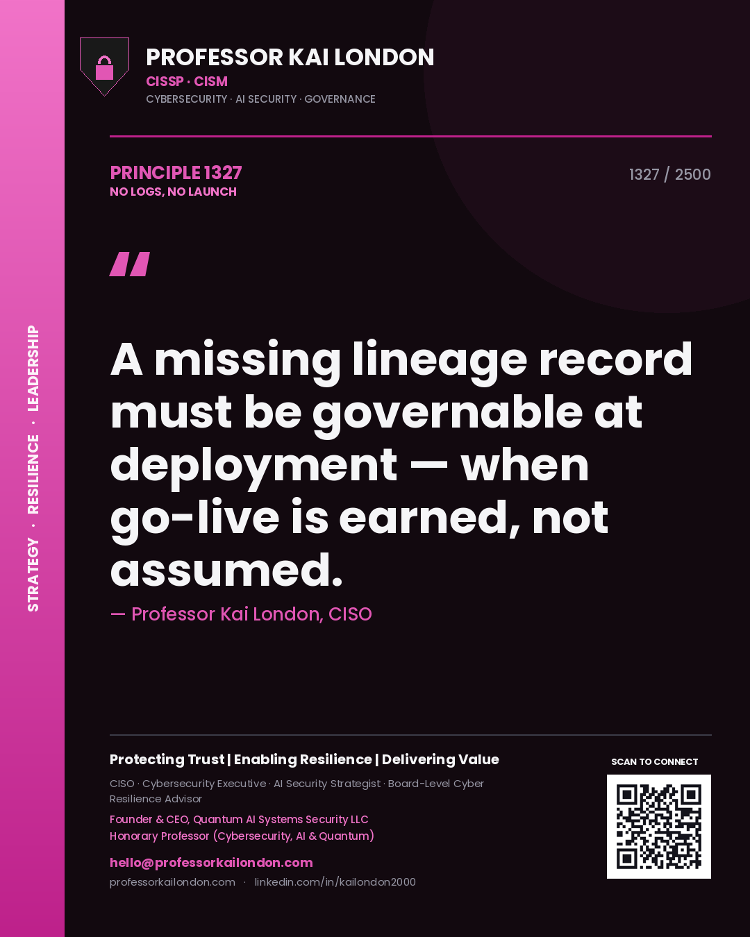 Quote card by Professor Kai London reading 'A missing lineage record must be governable at deployment — when go-live is earned, not assumed.'. From the book No Logs, No Launch.