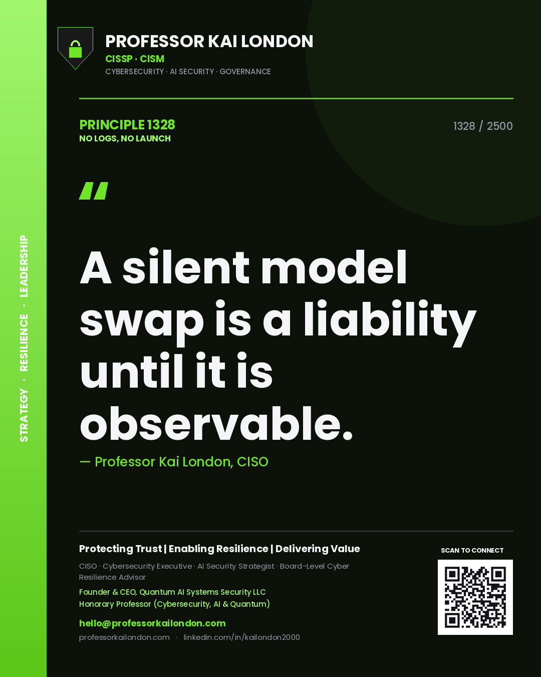 Quote card by Professor Kai London reading 'A silent model swap is a liability until it is observable.'. From the book No Logs, No Launch.