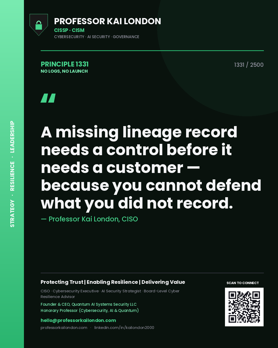 Quote card by Professor Kai London reading 'A missing lineage record needs a control before it needs a customer — because you cannot defend what you did not record.'. From the book No Logs, No Launch.