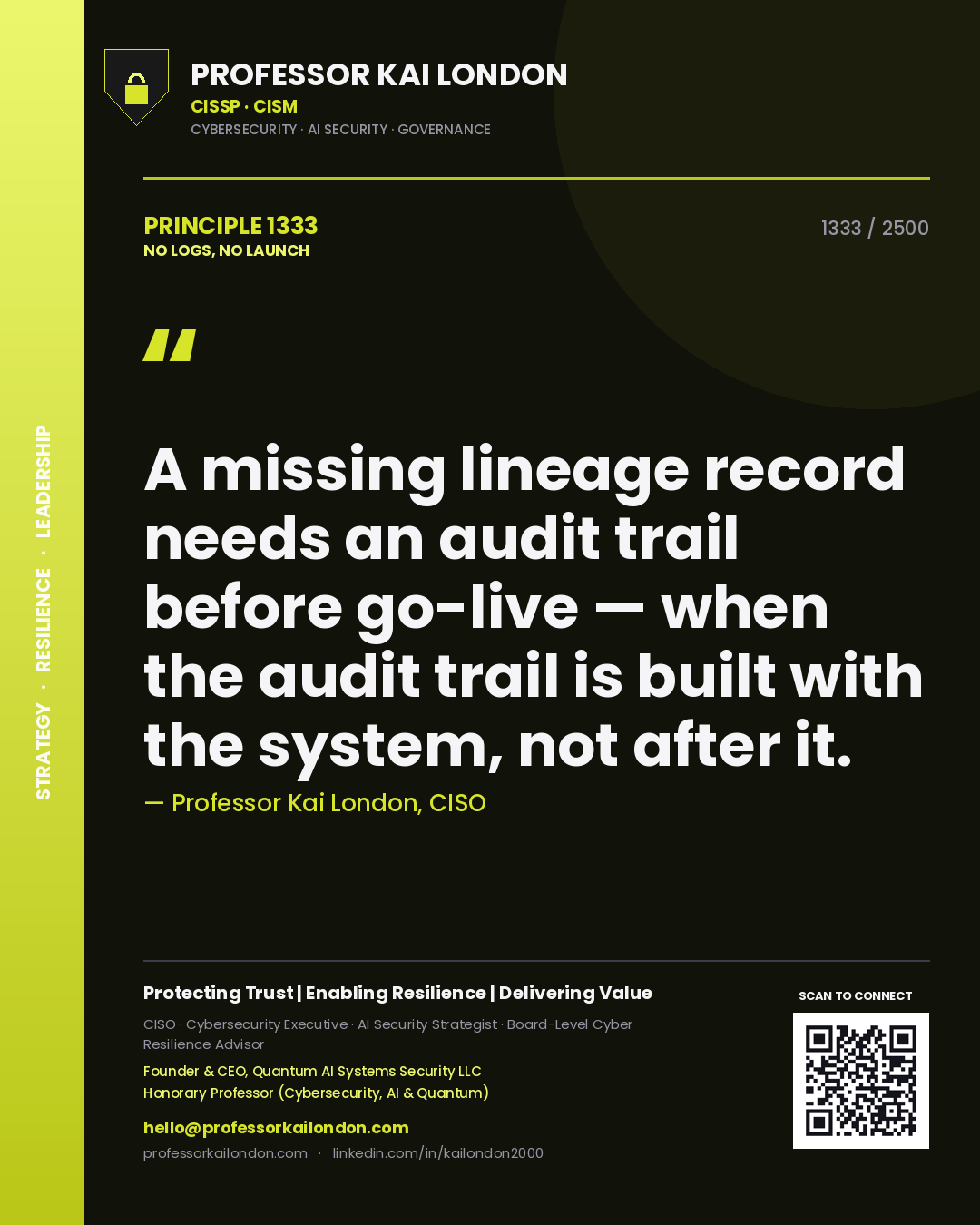 Quote card by Professor Kai London reading 'A missing lineage record needs an audit trail before go-live — when the audit trail is built with the system, not after it.'. From the book No Logs, No Launch.