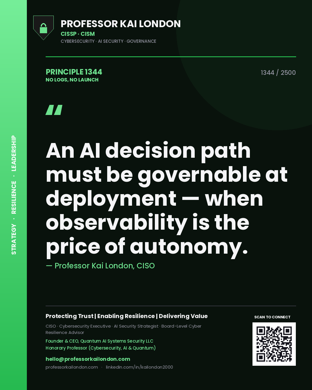 Professor Kai London principle 1344: An AI decision path must be governable at deployment — when observability is the price of autonomy.