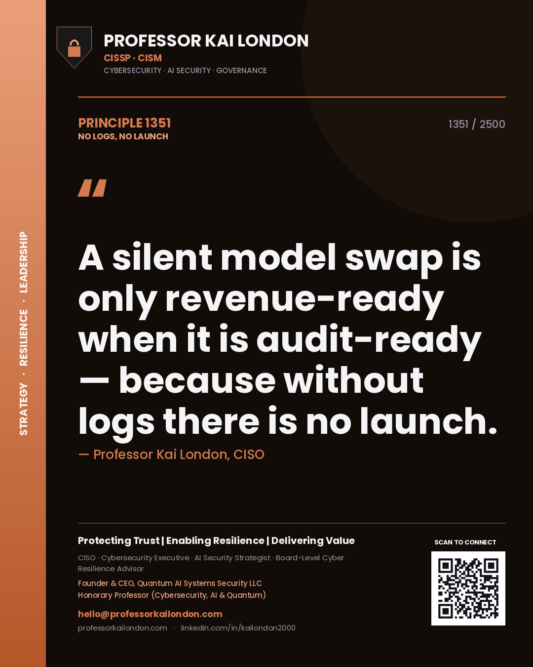 Quote card by Professor Kai London reading 'A silent model swap is only revenue-ready when it is audit-ready — because without logs there is no launch.'. From the book No Logs, No Launch.