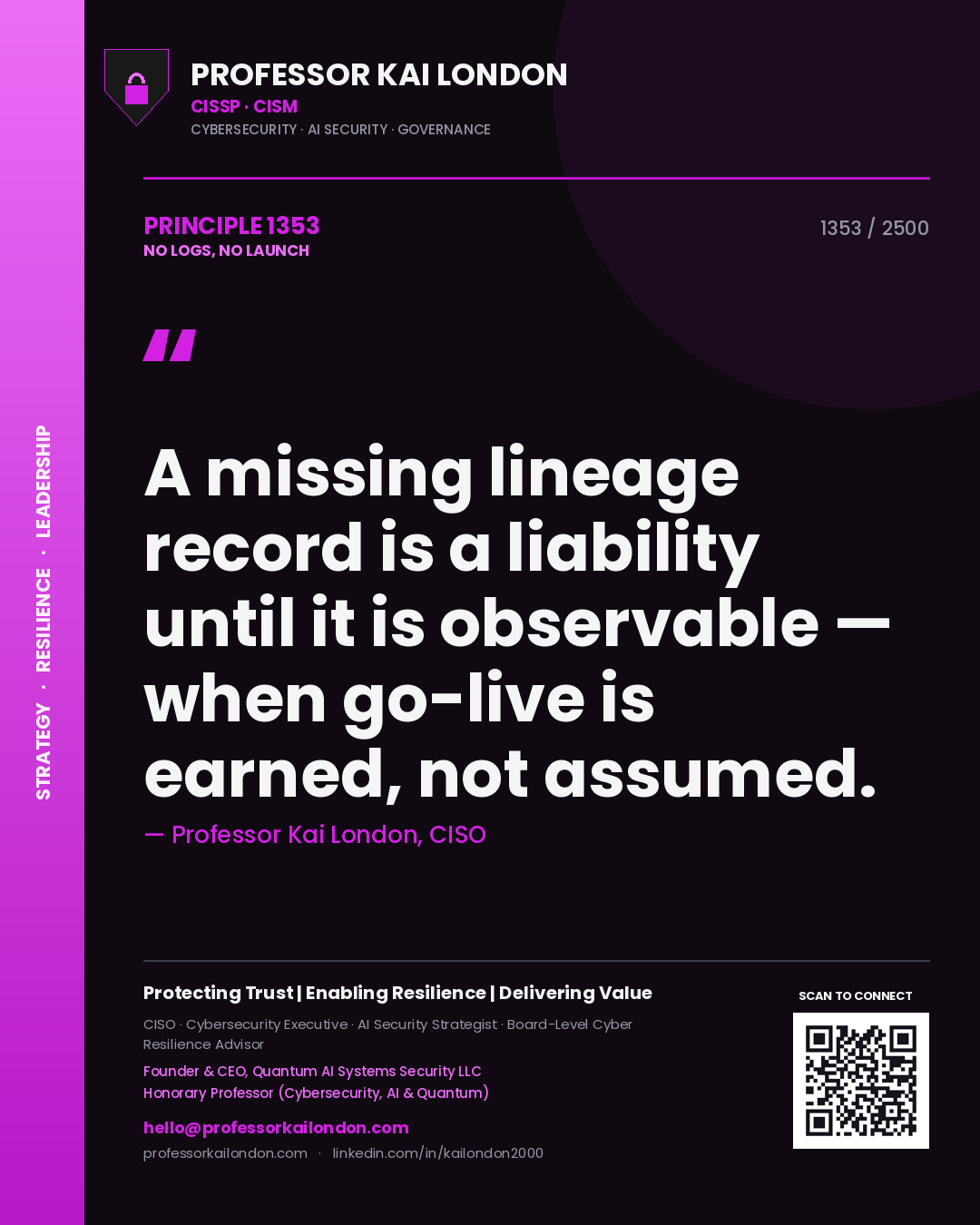 Quote card by Professor Kai London reading 'A missing lineage record is a liability until it is observable — when go-live is earned, not assumed.'. From the book No Logs, No Launch.