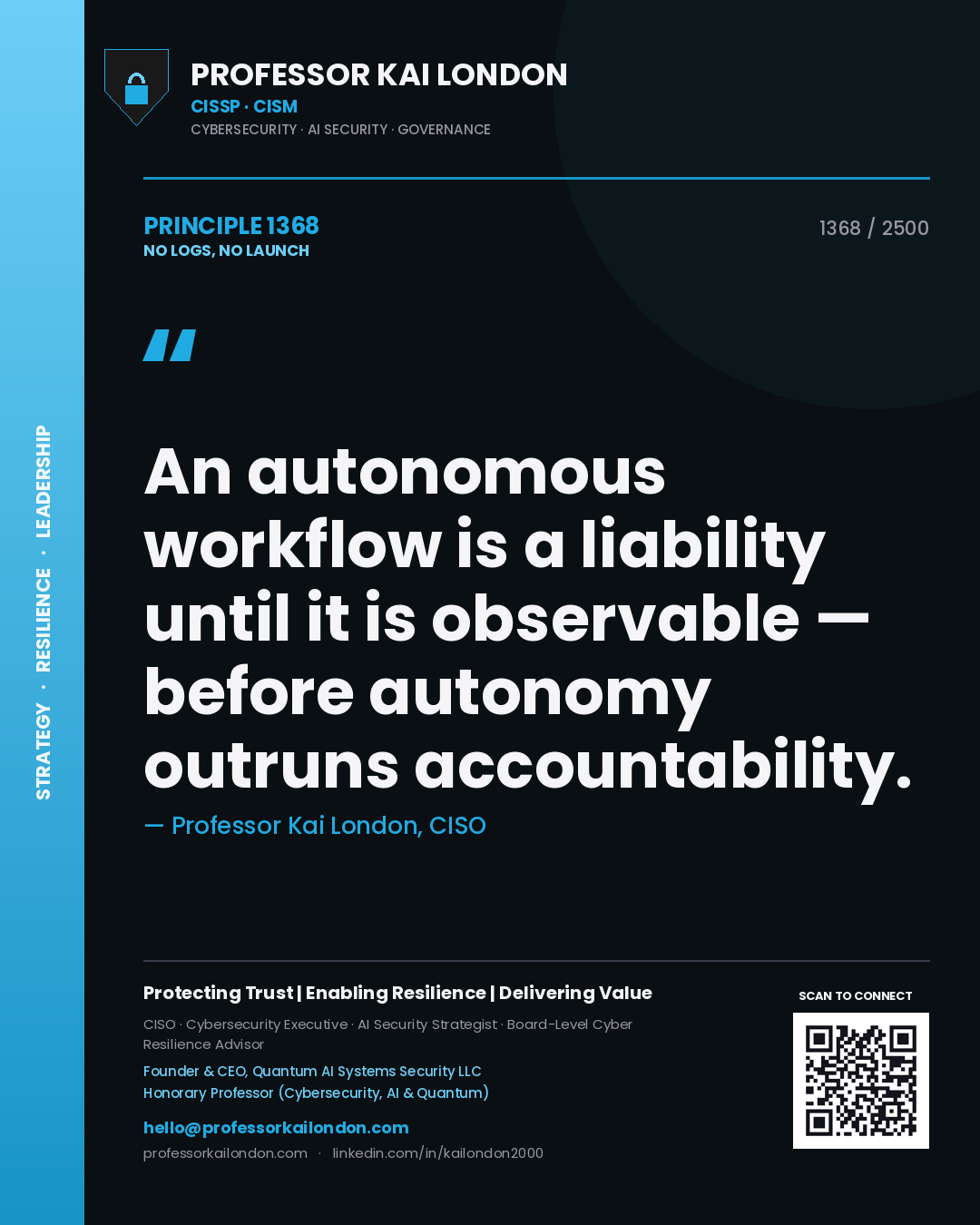 Professor Kai London principle 1368: An autonomous workflow is a liability until it is observable — before autonomy outruns accountability.