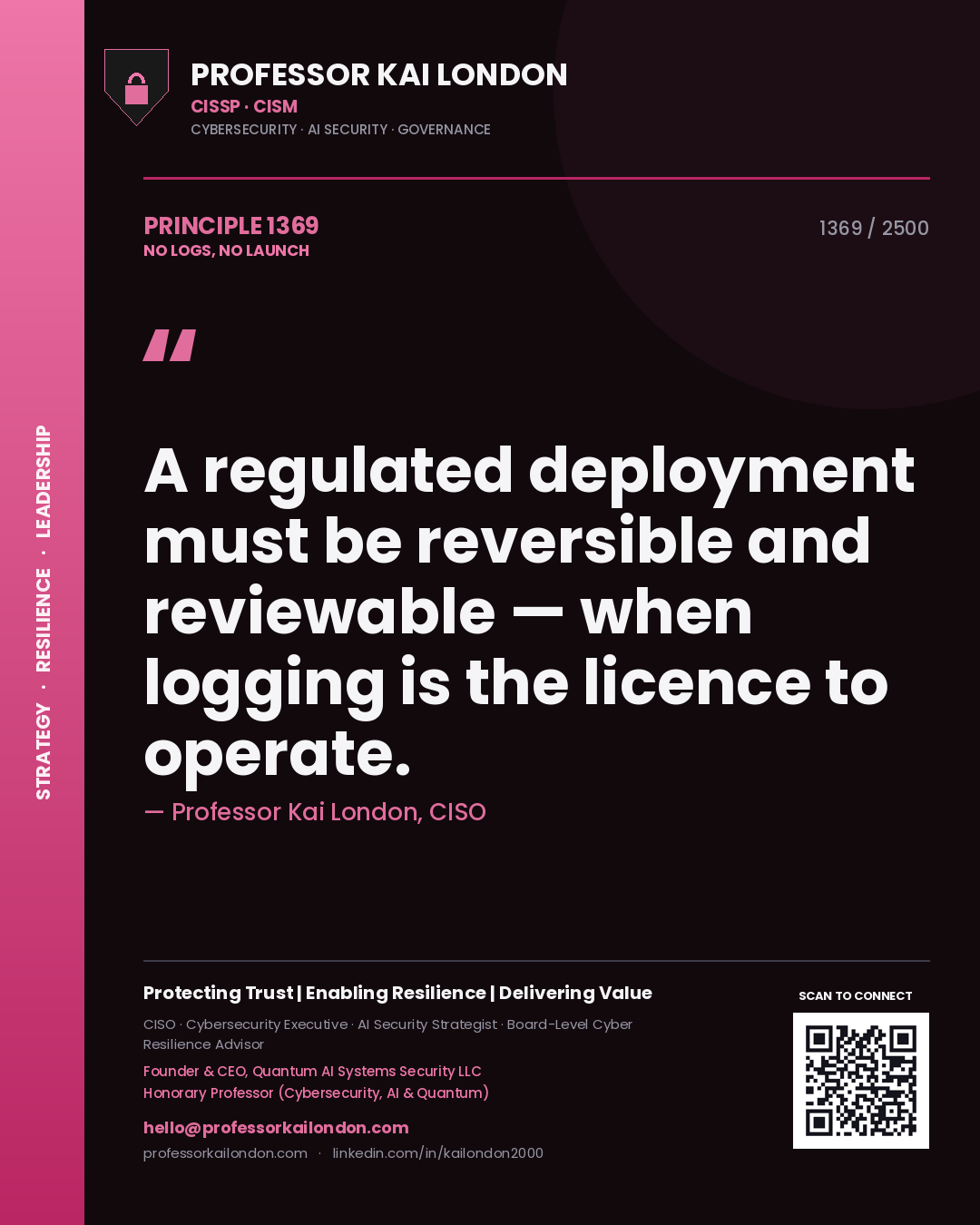 Quote card by Professor Kai London reading 'A regulated deployment must be reversible and reviewable — when logging is the licence to operate.'. From the book No Logs, No Launch.