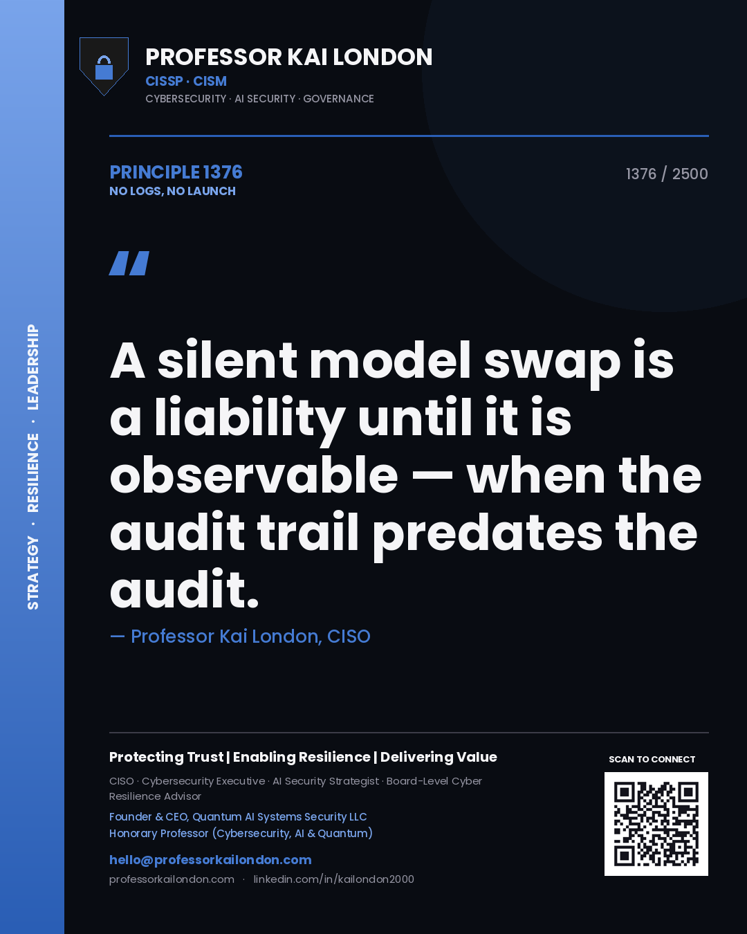 Quote card by Professor Kai London reading 'A silent model swap is a liability until it is observable — when the audit trail predates the audit.'. From the book No Logs, No Launch.